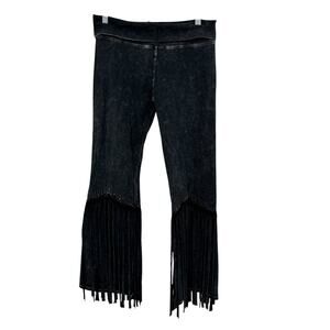 T Party Fringe Fold Over Yoga Pants Women's SZ XL Black Studded Western Festival
